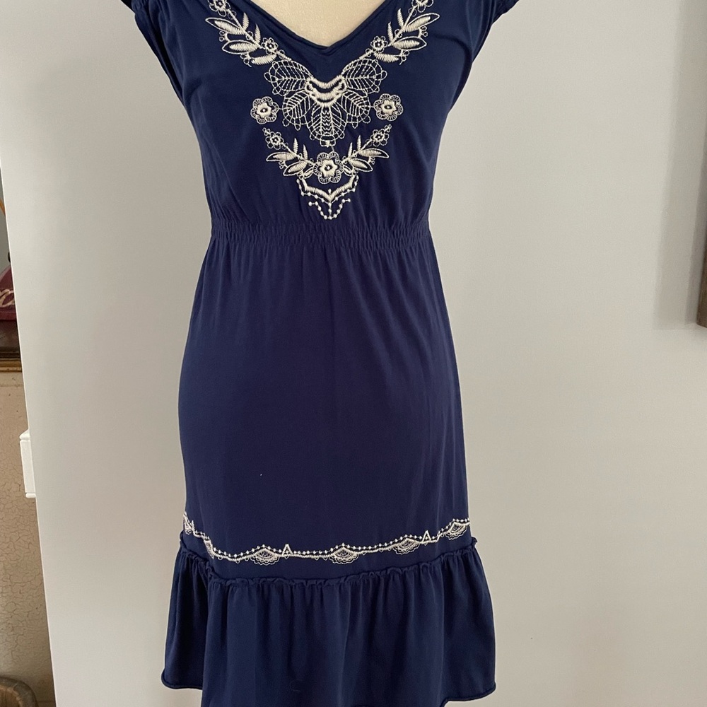 Johnny Was Blue and White Embellished Casual Dress